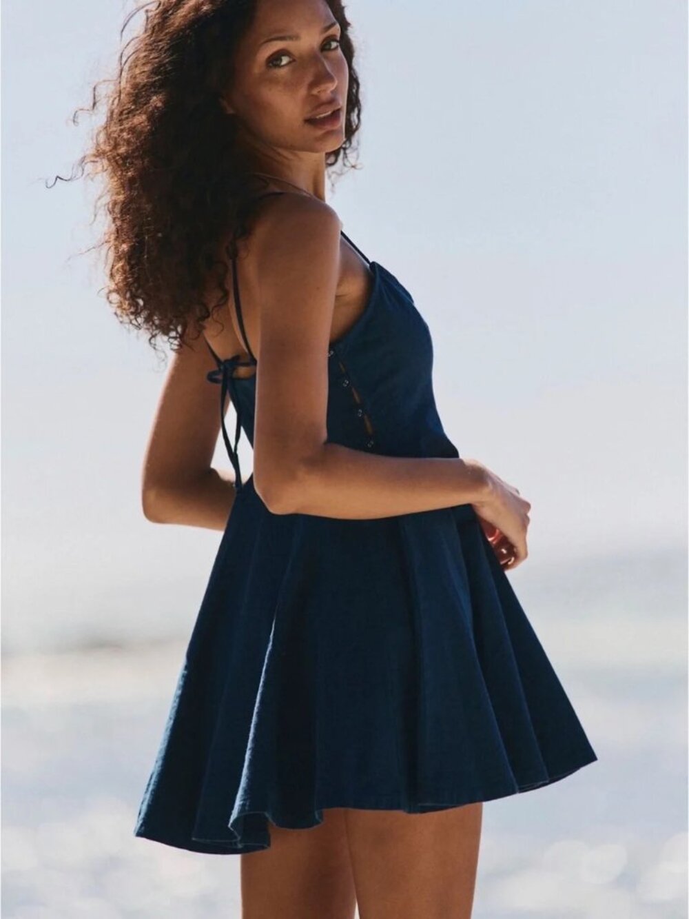 Free People free-est Tan Lines Stretch Linen Blend Mini Dress Navy Size M - Picture 2 of 16